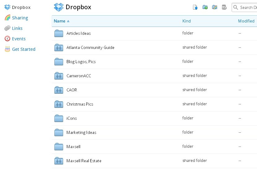 Online view of Dropbox folder